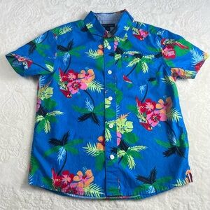 Tommy Hilfiger Boys Short Sleeve Button Down Shirt Tropical Parrot Print